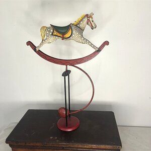 Vintage Painted Metal Rocking Horse Kinetic Sculpture With Red Base & Decorative